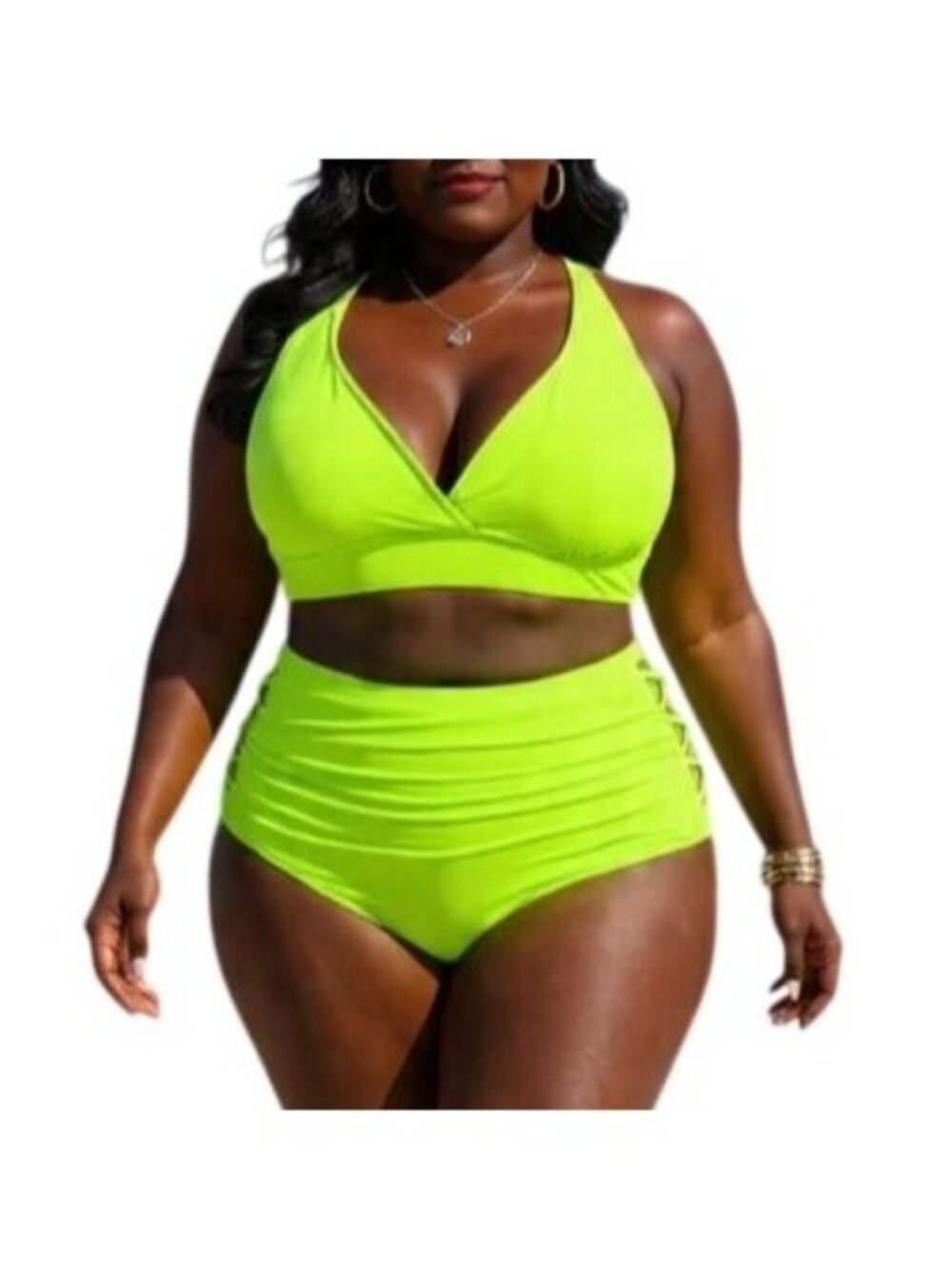 Century Star Size 2XL Bikini Set V-Neck Halter Top High Waisted Mesh Side Bottom